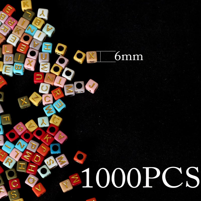 HERZWILD 1000pcs Square Alphabet Beads Acrylic Letters (A-Z) Beads 6 * 6mm Cube Letter Beads Gold Letter Colorful Beads for Jewellery Crafts (6 * 6 Colorful Gold) - Image 2